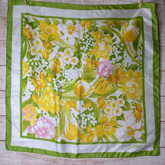 Vintage SM Kent Avon Burst of Spring Floral Japan Green Head Hair Wrap Mob Wife - Picture 2 of 11